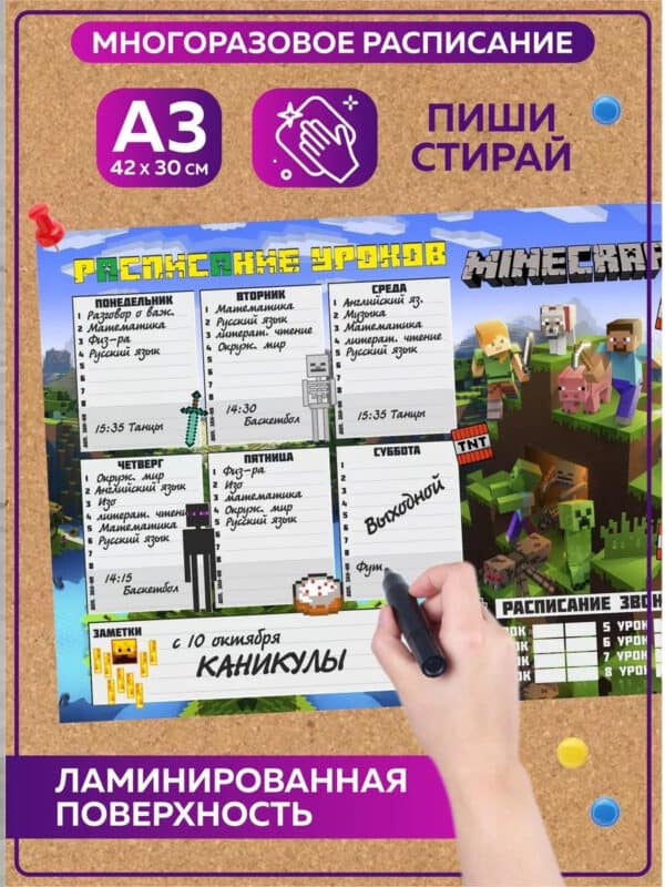 Расписание уроков многоразовое Майнкрафт для мальчиков А3