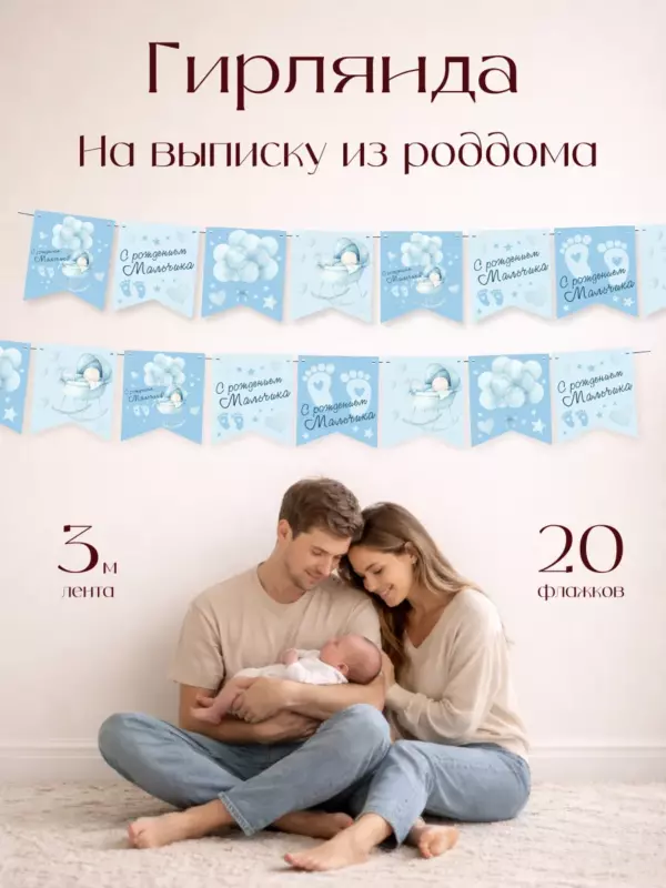 Гирлянда на выписку из роддома Мальчик 20 флажков 3 м — С рождением мальчика