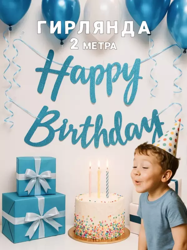 Гирлянда Happy Birthday голубая курсив 2 метра — праздничная растяжка для дня рождения, декор для праздника