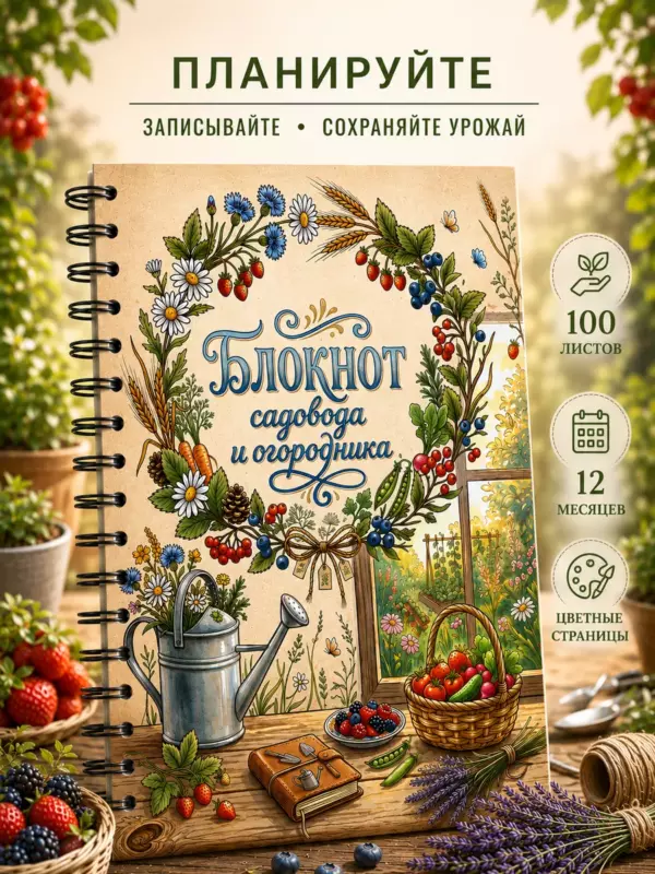 Блокнот садовода и огородника на пружине — дневник дачника для планирования посадок и учета урожая, 100 страниц